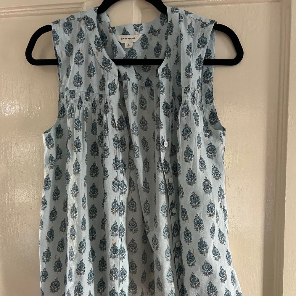 Lucky Brand Sleeveless Cotton Patterned Top with Metallic Details - Size L